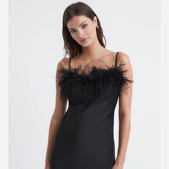 NWT SLEEPER Boheme Feather-trimmed Slip Dress in Ecovero Black $350 - Picture 5 of 9